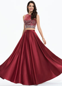 Sequins Satin Prom Dresses Scoop Neck Floor-Length A-Line Beading Alisa With