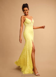 With V-neck Floor-Length Karissa Prom Dresses Sheath/Column Beading Lace