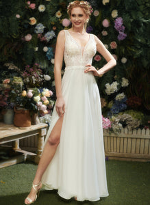 Wedding Split With Front V-neck Chiffon Sequins Lace Estrella Dress Floor-Length Wedding Dresses A-Line