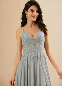 Marely Prom Dresses Lace Split With V-neck Sequins Front Chiffon A-Line Floor-Length