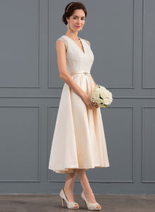 A-Line Satin Tea-Length V-neck Wedding With Yoselin Wedding Dresses Beading Sequins Dress