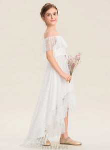 A-Line Catherine Junior Bridesmaid Dresses Off-the-Shoulder Asymmetrical Lace