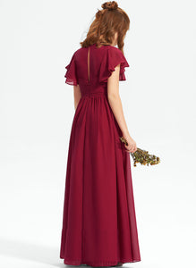 A-Line Junior Bridesmaid Dresses Chiffon V-neck Floor-Length With Kali Ruffle