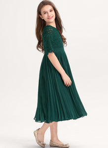 Lace Pleated With Chiffon Malia A-Line Junior Bridesmaid Dresses Scoop Neck Tea-Length