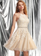 Load image into Gallery viewer, Lace A-Line With Tamara Tulle Sequins Prom Dresses Halter Beading Short/Mini