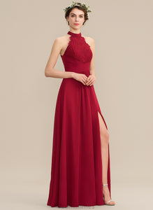 Ruffle Chiffon Lace Front Neck With Split Mallory Floor-Length High A-Line Prom Dresses