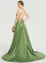 Load image into Gallery viewer, Train Front Summer Sweep Prom Dresses Satin Split A-Line Scoop With Neck