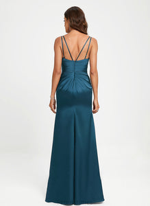 V-neck Floor-Length Prom Dresses With Sheath/Column Pleated Cherish Satin