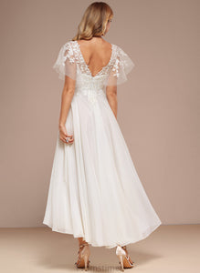 Dress Lace Ruffle A-Line Tulle Wedding Dresses Chasity With V-neck Wedding Asymmetrical