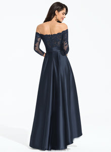 Alisha With Asymmetrical Sequins Satin Cascading Ruffles Off-the-Shoulder A-Line Lace Prom Dresses