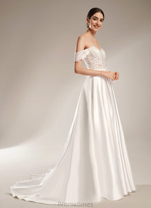 Ball-Gown/Princess Satin Dress Sweetheart Sequins Train Chapel Wedding Dresses Brooklyn Lace With Wedding