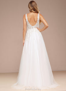 Esther Lace Tulle Sequins V-neck Dress Sweep A-Line Train Wedding With Wedding Dresses