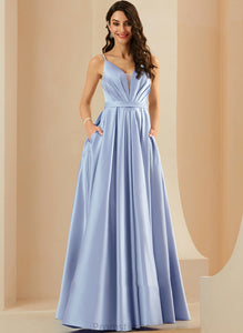 Pockets Ball-Gown/Princess Prom Dresses Satin Ruffle Deborah V-neck Floor-Length With