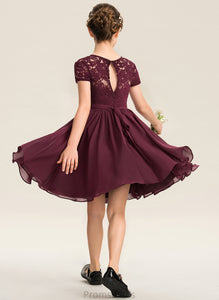 With Neck Junior Bridesmaid Dresses Chiffon A-Line Knee-Length Scoop Mignon Lace Bow(s)