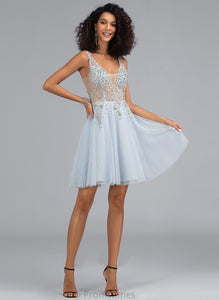 Beading A-Line Short/Mini Janiyah With Tulle Prom Dresses V-neck