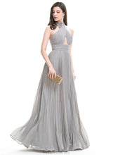 Load image into Gallery viewer, Pleated Front Split Chiffon Prom Dresses With Vivian A-Line Halter Floor-Length