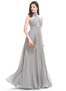 Pleated Front Split Chiffon Prom Dresses With Vivian A-Line Halter Floor-Length