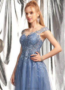 Tulle Neck Asymmetrical A-Line Prom Dresses Scoop With Kendall Sequins