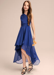 A-Line One-Shoulder Asymmetrical Bow(s) Chiffon Cindy With Ruffles Junior Bridesmaid Dresses