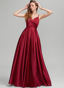 Prom Dresses V-neck A-Line With Floor-Length Undine Satin Pockets Ruffle