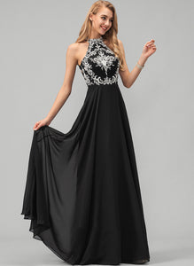 A-Line Henrietta Floor-Length With Lace Chiffon Prom Dresses Scoop Neck