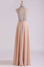 Load image into Gallery viewer, 2024 High Neck Prom Dresses A Line Chiffon With Beading Sweep Train