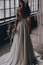 Load image into Gallery viewer, Off Shoulder Lace Top Chiffon Two Piece Beach Wedding Dress With Half Sleeve