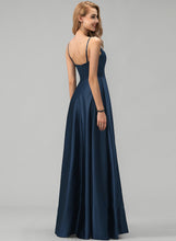 Load image into Gallery viewer, Front Split With Ruffles Satin Prom Dresses A-Line Cascading Floor-Length Evelyn V-neck