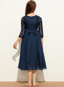 A-Line Anaya Tea-Length Lace Chiffon Neck Junior Bridesmaid Dresses Scoop