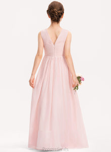 With A-Line Ruffle Junior Bridesmaid Dresses Floor-Length Sahna V-neck Chiffon