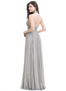 Pleated Front Split Chiffon Prom Dresses With Vivian A-Line Halter Floor-Length