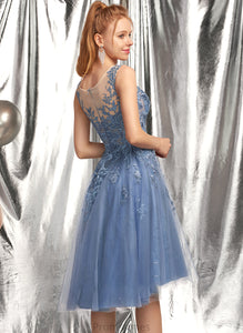 Tulle Neck Asymmetrical A-Line Prom Dresses Scoop With Kendall Sequins