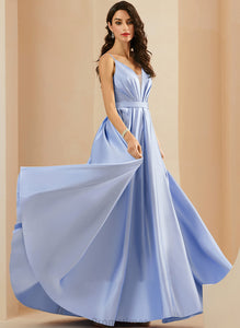 Pockets Ball-Gown/Princess Prom Dresses Satin Ruffle Deborah V-neck Floor-Length With