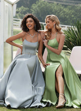 Load image into Gallery viewer, Train Front Summer Sweep Prom Dresses Satin Split A-Line Scoop With Neck