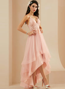 Pru Ball-Gown/Princess Lace V-neck With Tulle Asymmetrical Prom Dresses