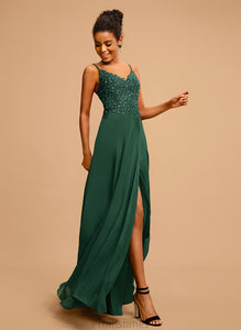 Prom Dresses Beading Floor-Length Sequins A-Line Chiffon Lace Faith With V-neck