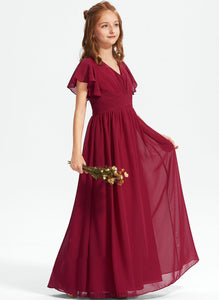 A-Line Junior Bridesmaid Dresses Chiffon V-neck Floor-Length With Kali Ruffle