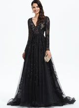 Load image into Gallery viewer, Sequins Prom Dresses With Tulle V-neck Rosemary Ball-Gown/Princess Sweep Lace Train