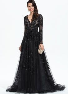 Sequins Prom Dresses With Tulle V-neck Rosemary Ball-Gown/Princess Sweep Lace Train