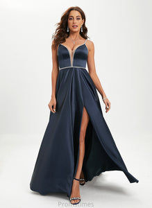 With Prom Dresses Ball-Gown/Princess Emily V-neck Satin Floor-Length Sequins Beading