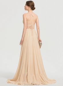 Chiffon Prom Dresses Train Neckline Sweep Mia A-Line With Square Sequins Beading