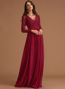 A-Line V-neck Zoey With Floor-Length Lace Chiffon Prom Dresses