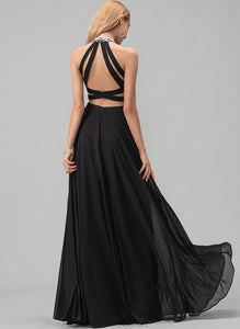 A-Line Henrietta Floor-Length With Lace Chiffon Prom Dresses Scoop Neck