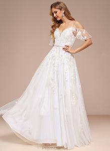 Shoulder Dress Wedding Sequins Beading A-Line Kianna Wedding Dresses Cold Floor-Length Lace Tulle With