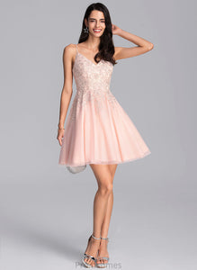 Adeline Beading With A-Line Sequins Tulle Short/Mini Prom Dresses V-neck