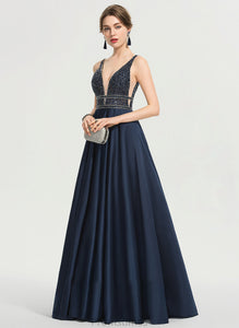 Beading Harmony Ball-Gown/Princess With Sequins V-neck Satin Floor-Length Prom Dresses