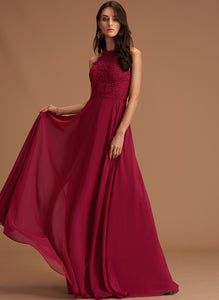 Floor-Length Chiffon Poll Scoop Neck With Lace Prom Dresses A-Line