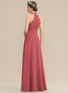 Ruffle Chiffon Lace Front Neck With Split Mallory Floor-Length High A-Line Prom Dresses