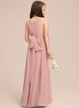 Load image into Gallery viewer, Carolyn Ruffle With Chiffon Scoop A-Line Floor-Length Bow(s) Junior Bridesmaid Dresses Neck