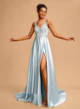 Load image into Gallery viewer, Train Kaleigh Beading V-neck With Prom Dresses Satin Ball-Gown/Princess Sweep